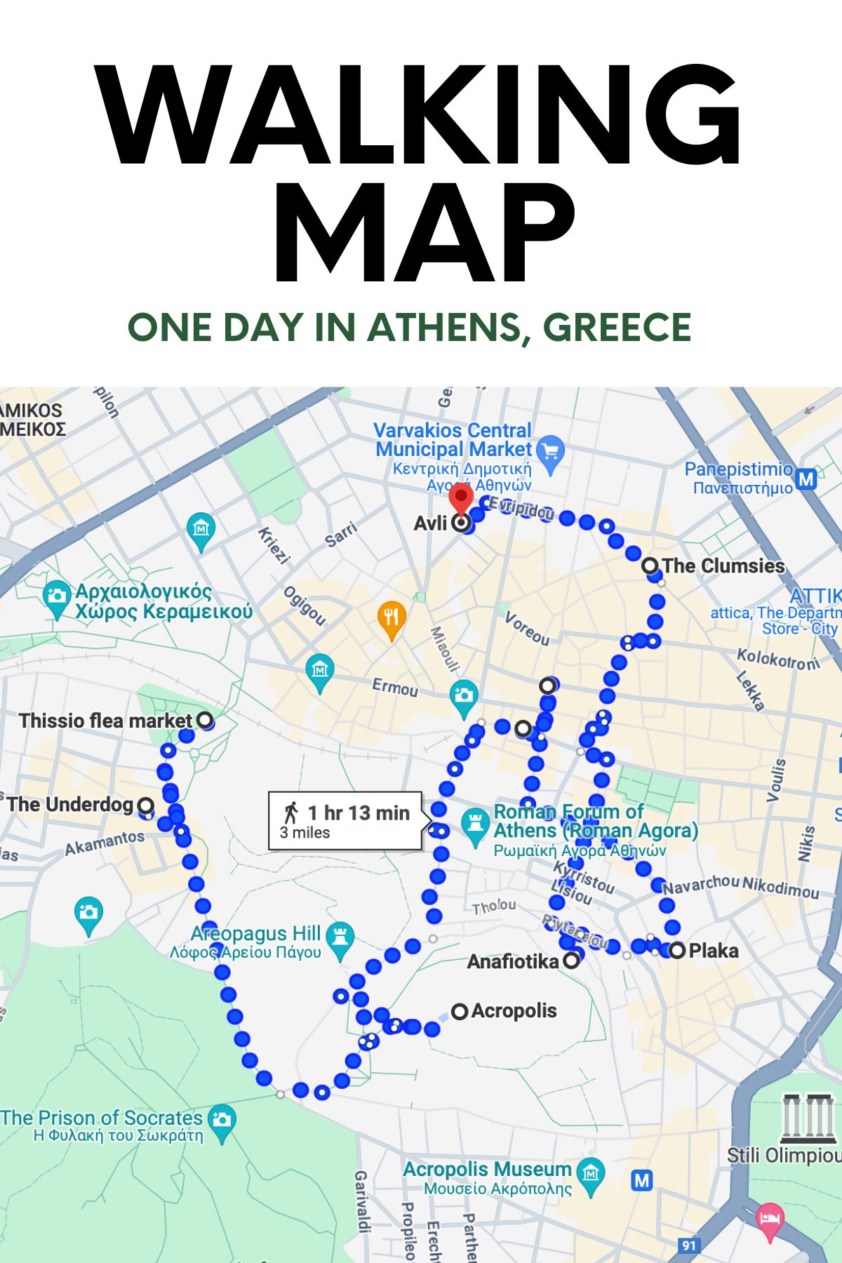 Walking map of Athens, Greece.